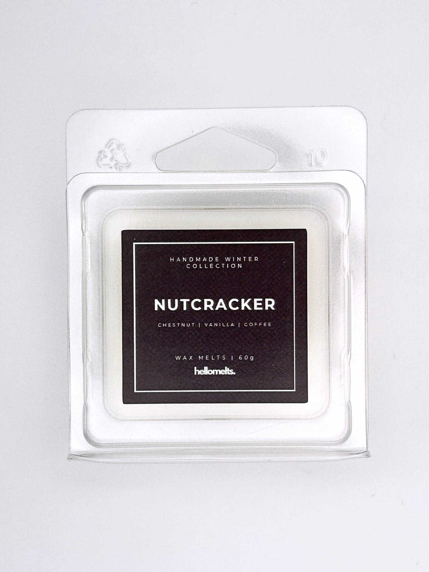 Nutcracker 60g wax melt label close-up on the clamshell packaging from the Hellomelts Winter Collection