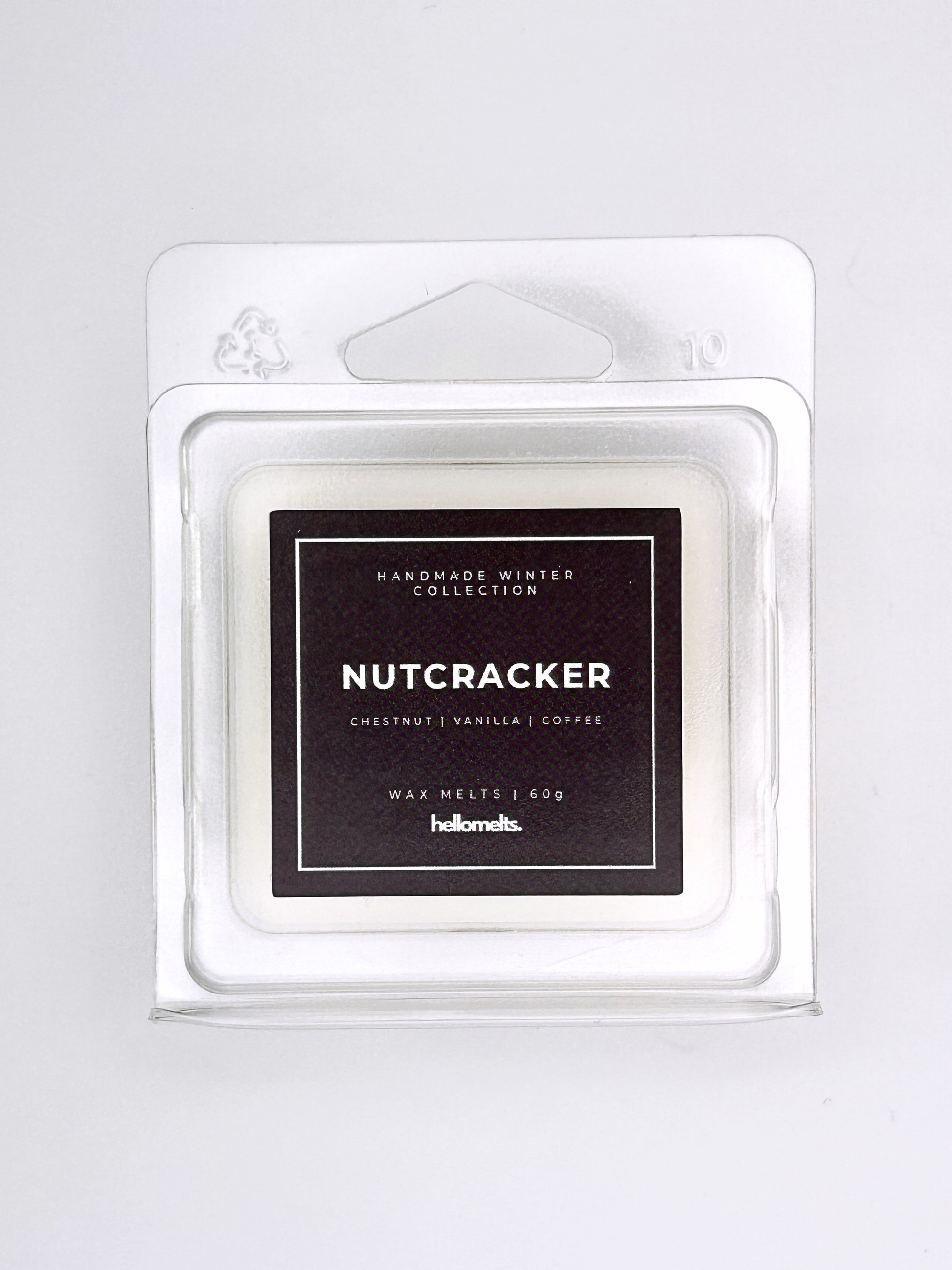 Nutcracker 60g wax melt label close-up on the clamshell packaging from the Hellomelts Winter Collection