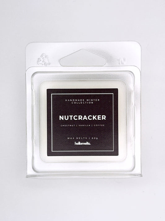Nutcracker 60g wax melt label close-up on the clamshell packaging from the Hellomelts Winter Collection