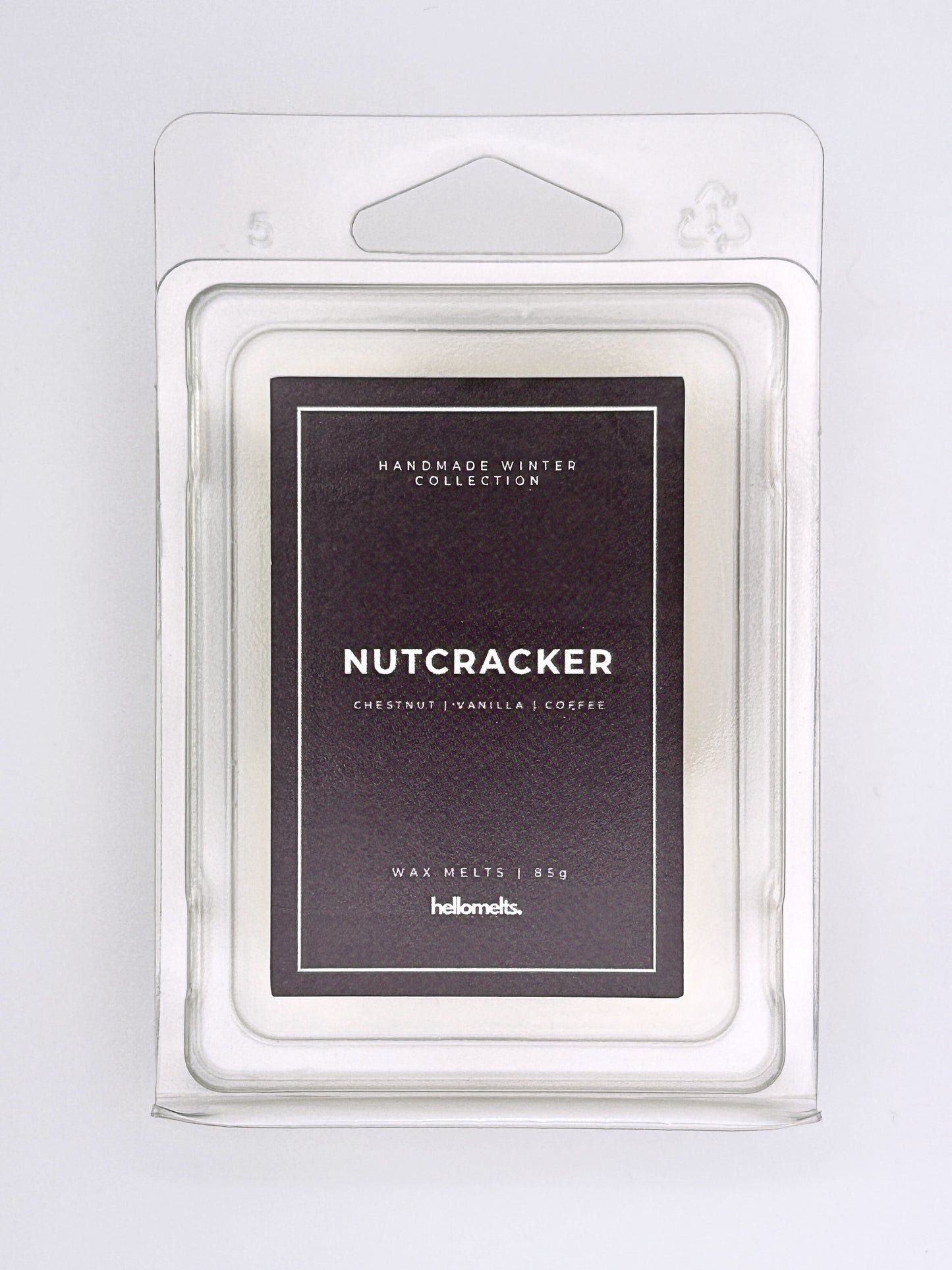 Nutcracker 85g wax melt label close-up on the clamshell packaging from the Hellomelts Winter Collection