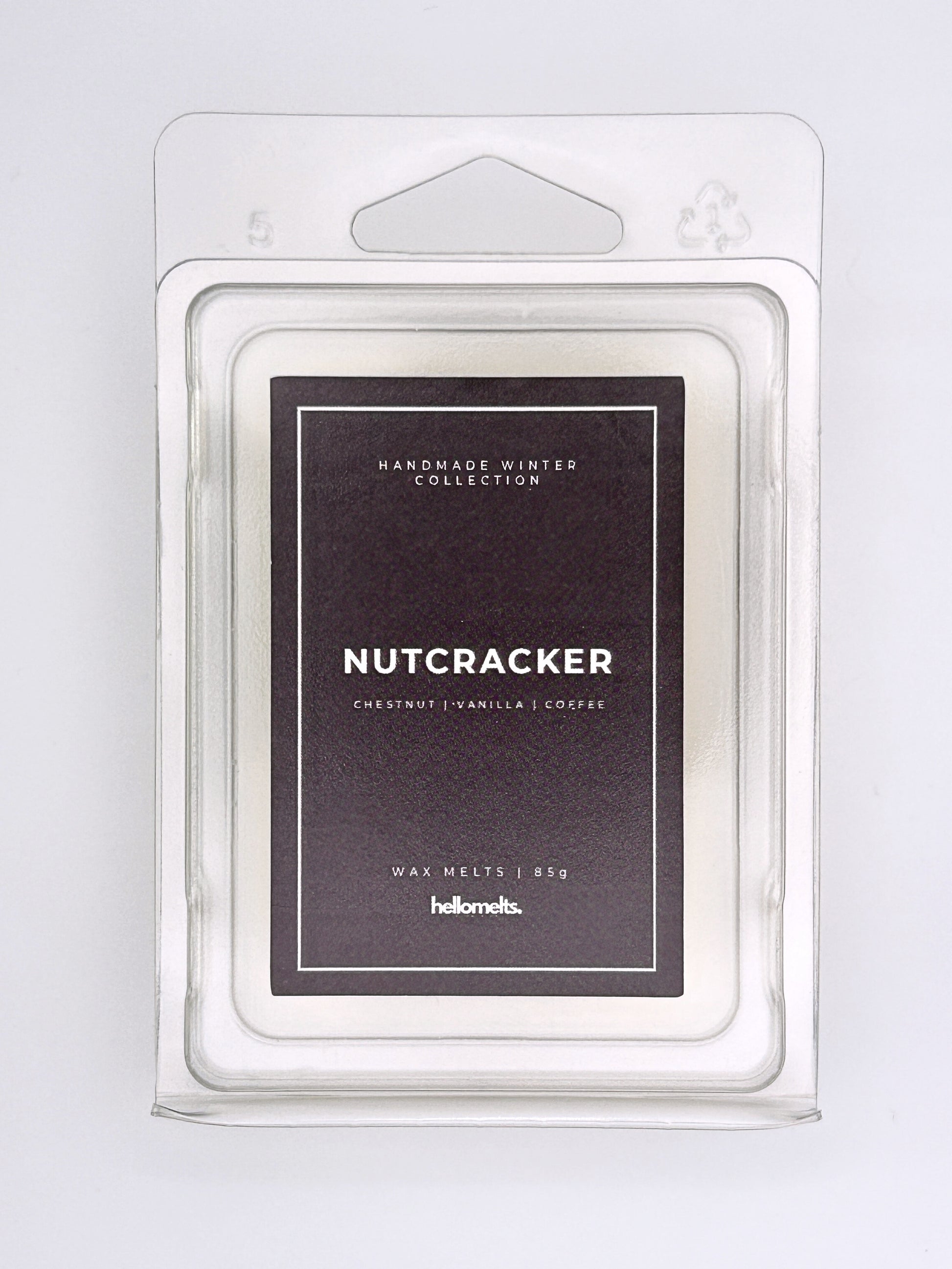 Nutcracker 85g wax melt label close-up on the clamshell packaging from the Hellomelts Winter Collection