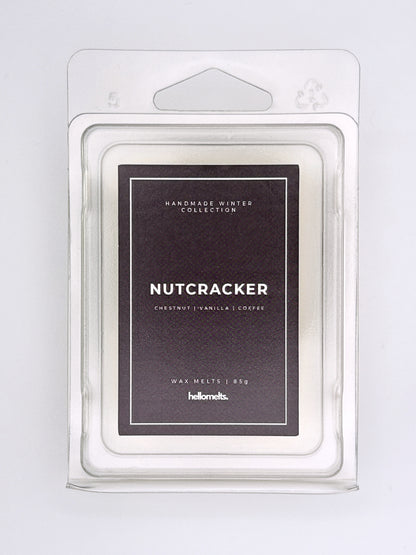 Nutcracker 85g wax melt label close-up on the clamshell packaging from the Hellomelts Winter Collection