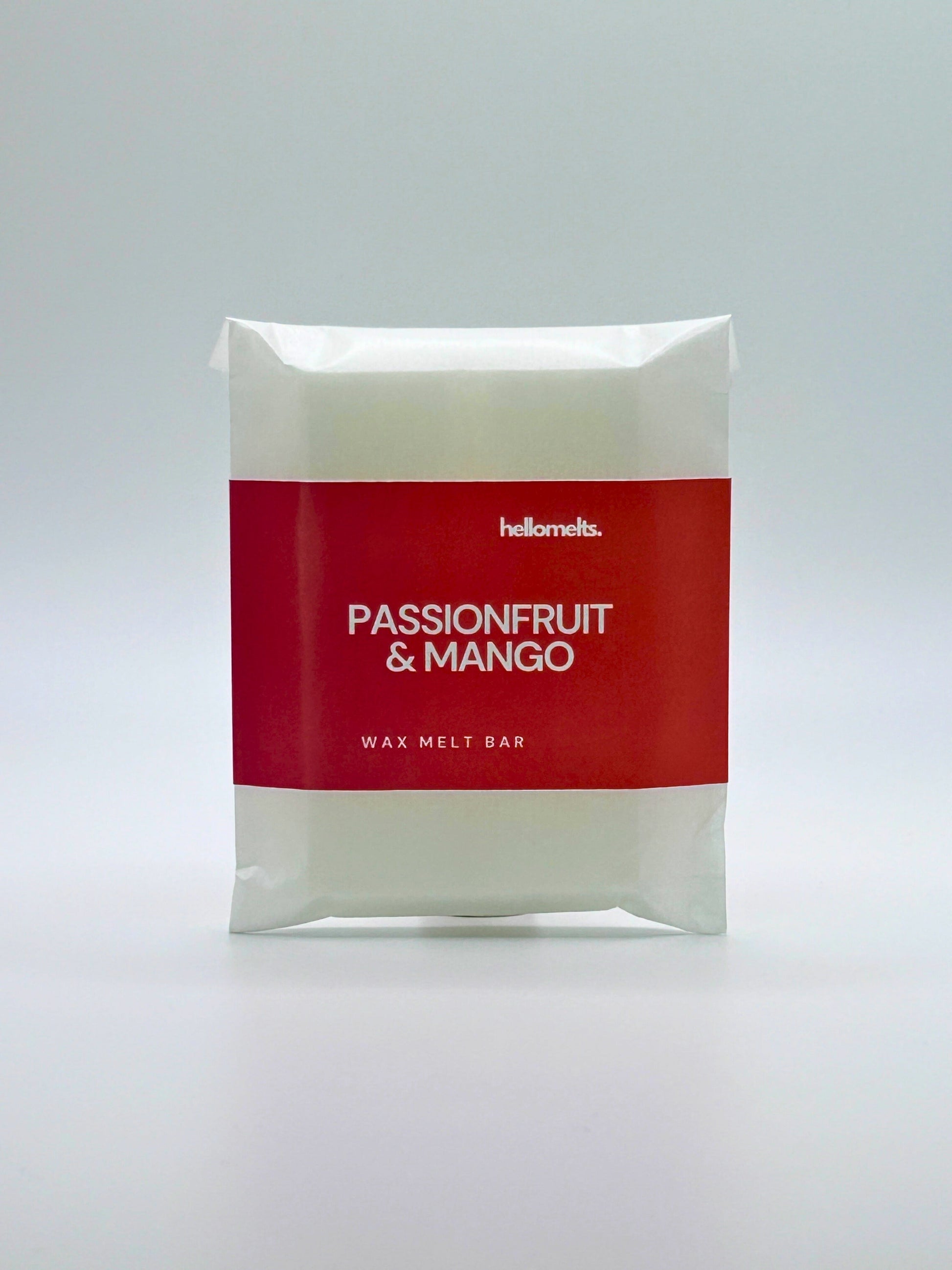 Front-facing view of the Passionfruit & Mango 30g wax melt bar, hand-poured by Hellomelts in signature red summer label.