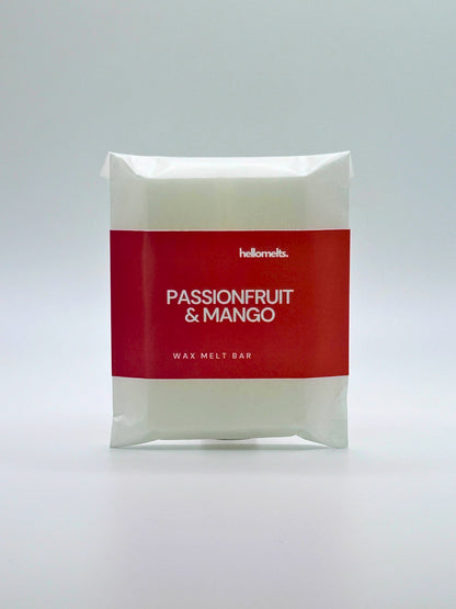 Front-facing view of the Passionfruit & Mango 30g wax melt bar, hand-poured by Hellomelts in signature red summer label.