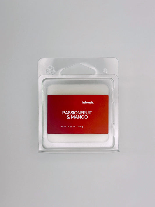 Flatlay of Passionfruit & Mango 60g wax melt bar by Hellomelts, part of the Summer Collection with tropical colours and bold design