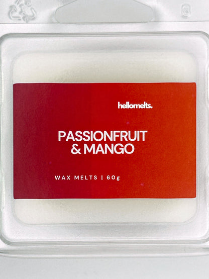 Close-up of the Passionfruit & Mango 60g wax melt label, showing detailed branding and tropical fruit scent design from Hellomelts