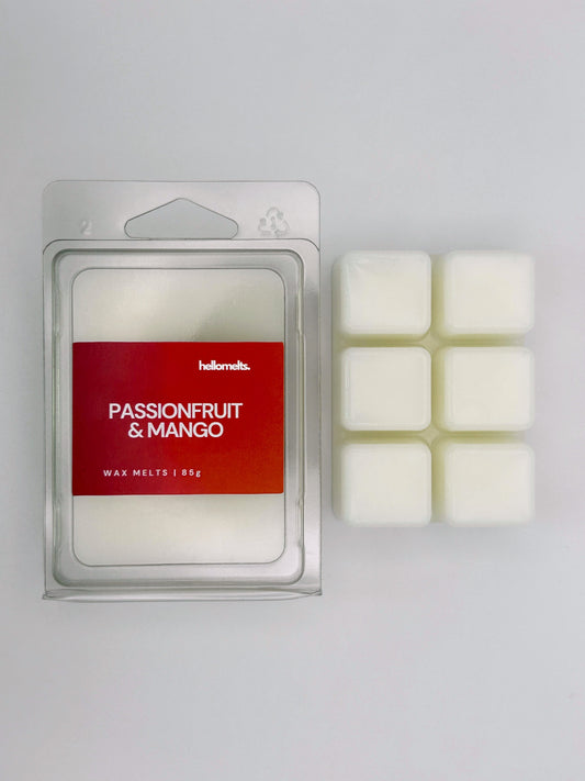 Passionfruit & Mango 85g wax melt bar by Hellomelts pictured beside its clamshell packaging, part of the Summer Collection