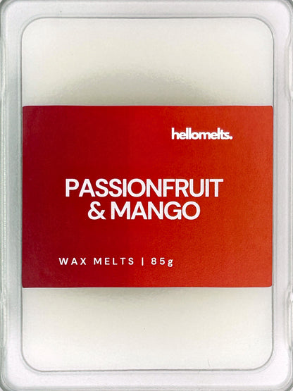 Close-up of the Passionfruit & Mango 85g wax melt label, showing detailed branding and tropical fruit scent design from Hellomelts