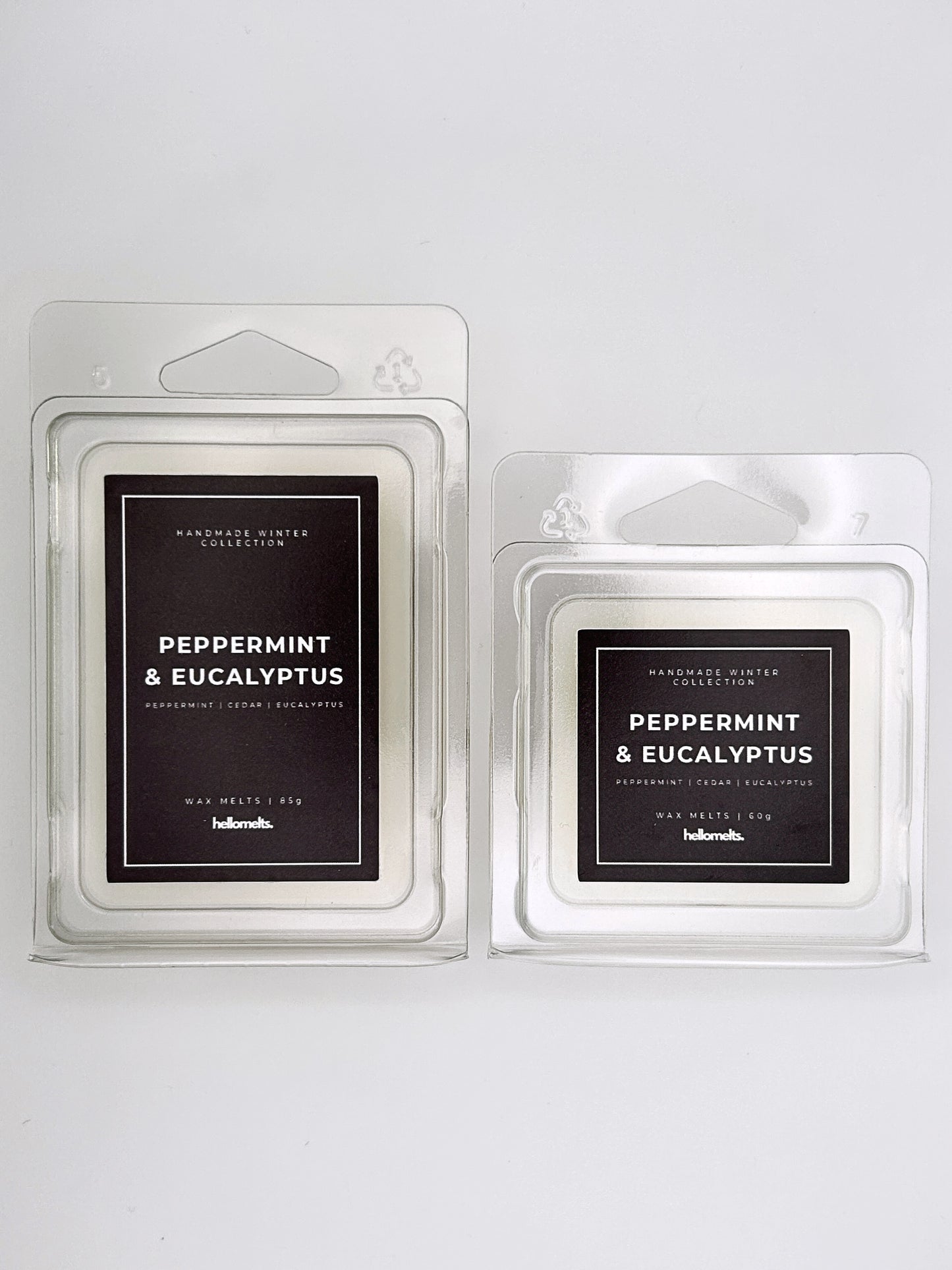 Peppermint & Eucalyptus wax melts 85g and 60g shown together as a size comparison in clamshell packaging from the Hellomelts Winter Collection