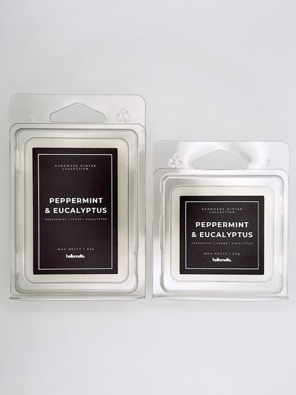 Peppermint & Eucalyptus wax melts 85g and 60g shown together as a size comparison in clamshell packaging from the Hellomelts Winter Collection