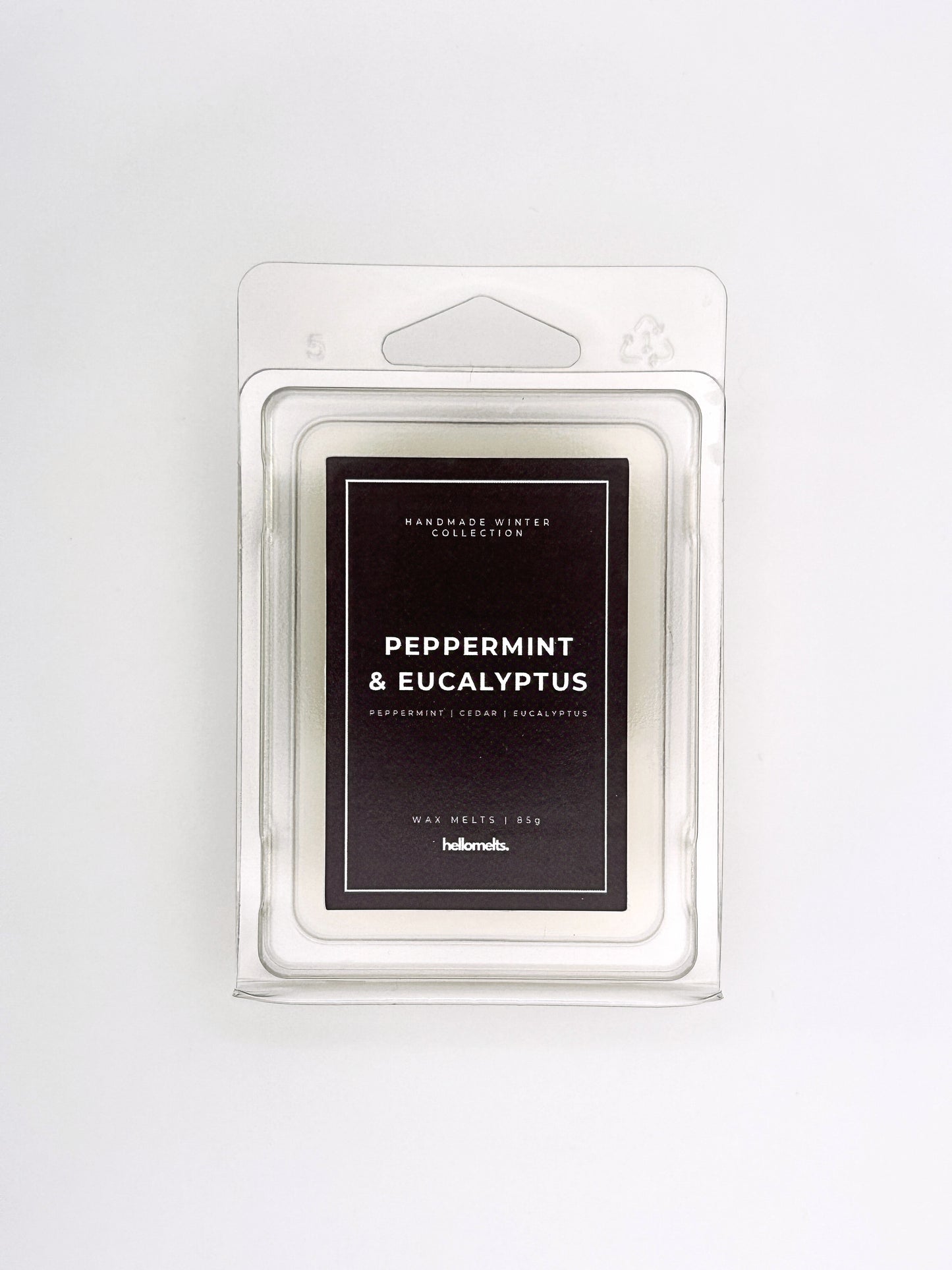Peppermint & Eucalyptus 85g wax melt label close-up on the clamshell packaging from the Hellomelts Winter Collection