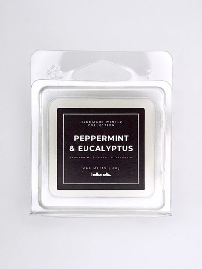 Peppermint & Eucalyptus 60g wax melt label close-up on the clamshell packaging from the Hellomelts Winter Collection