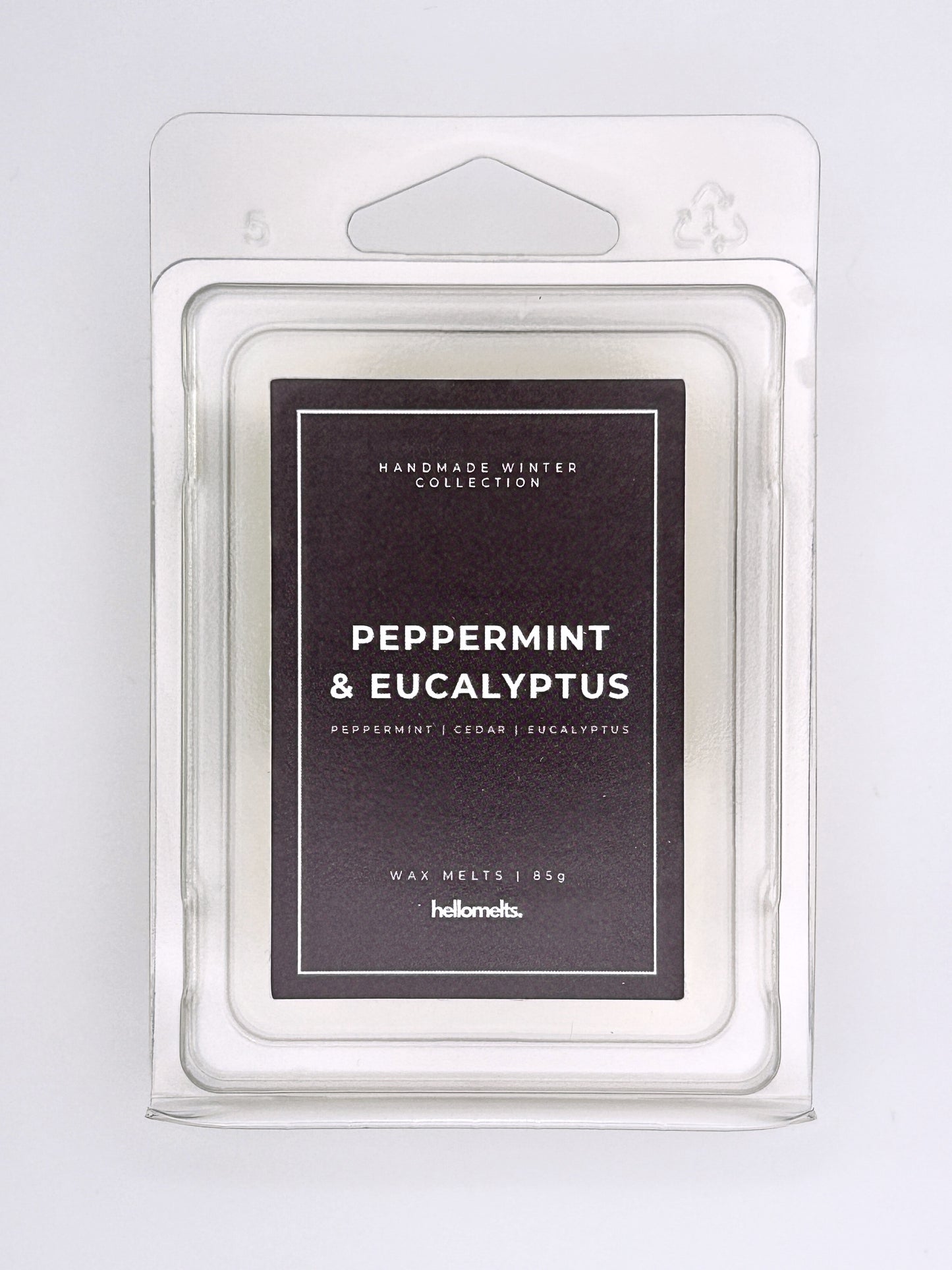 Peppermint & Eucalyptus 85g wax melt label close-up on the clamshell packaging from the Hellomelts Winter Collection