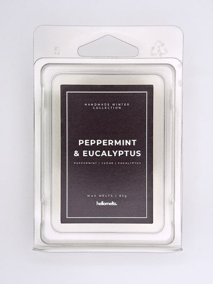 Peppermint & Eucalyptus 85g wax melt label close-up on the clamshell packaging from the Hellomelts Winter Collection