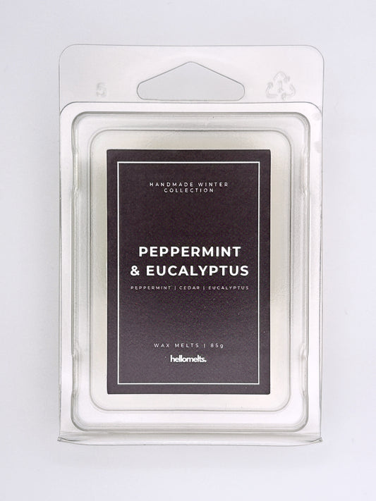 Peppermint & Eucalyptus 85g wax melt label close-up on the clamshell packaging from the Hellomelts Winter Collection