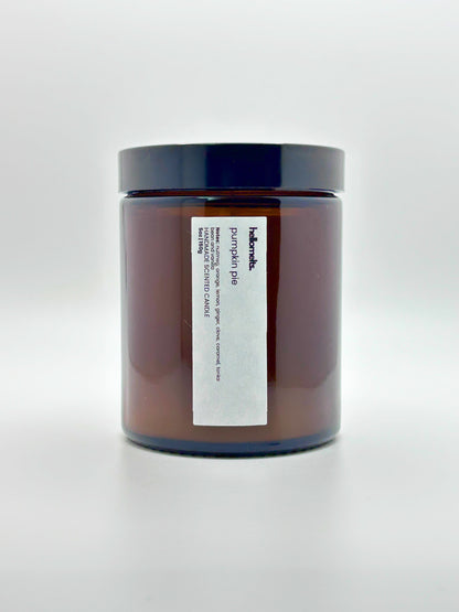 Front view of Pumpkin Pie autumn candle by Hellomelts with the lid on, part of the Autumn Collection