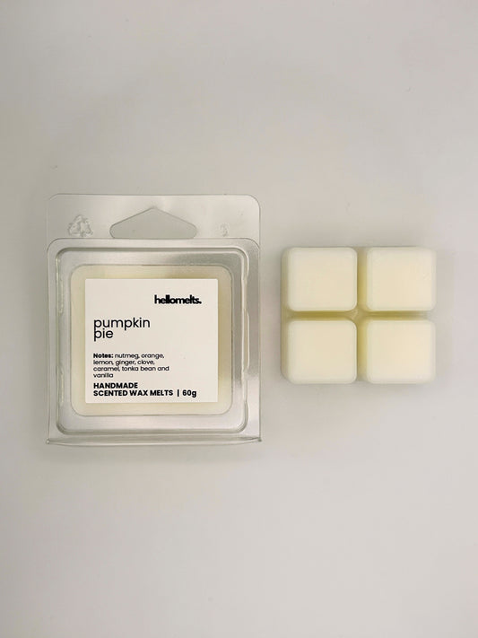 Pumpkin Pie 60g wax melt bar displayed beside its clear clamshell packaging from the Hellomelts Autumn Collection