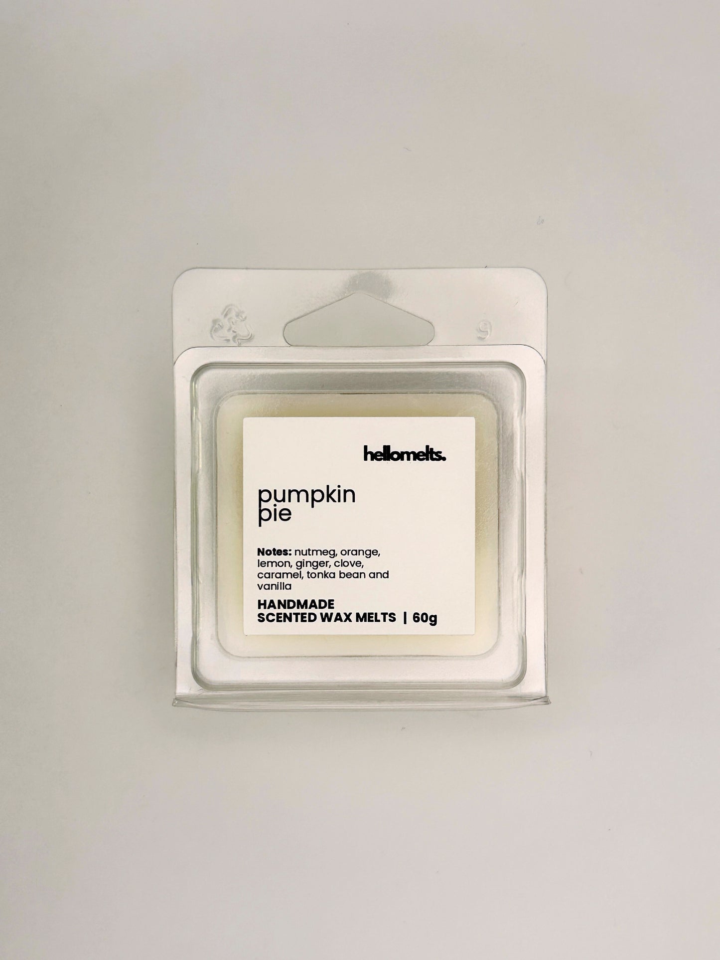 Front view of Pumpkin Pie 60g wax melt in clear clamshell packaging from the Hellomelts Autumn Collection