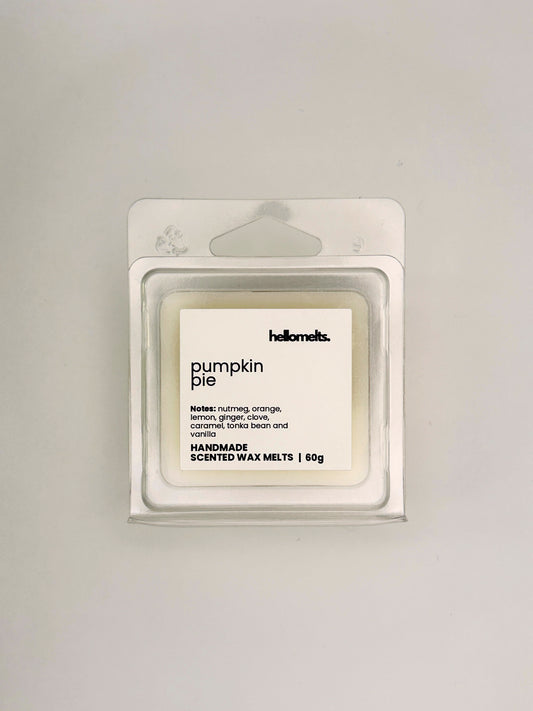 Front view of Pumpkin Pie 60g wax melt in clear clamshell packaging from the Hellomelts Autumn Collection