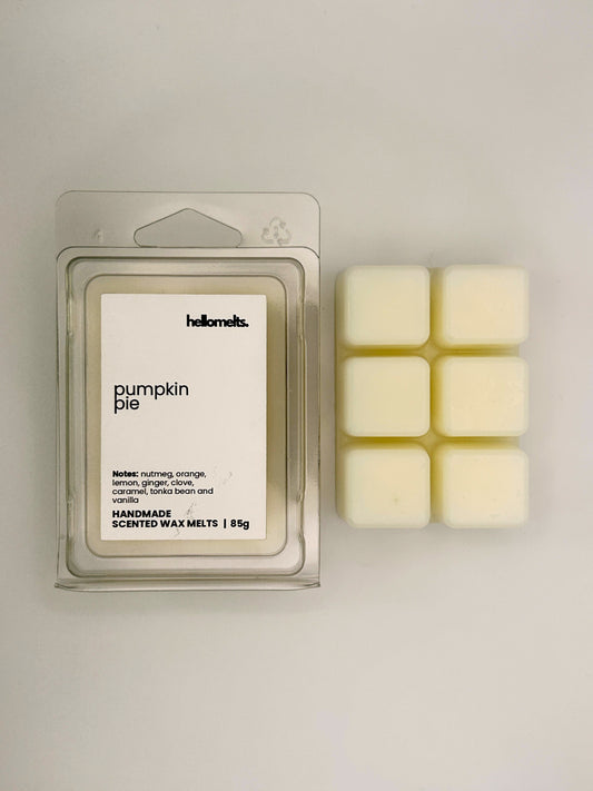Pumpkin Pie 85g wax melt bar displayed beside its clear clamshell packaging from the Hellomelts Autumn Collection