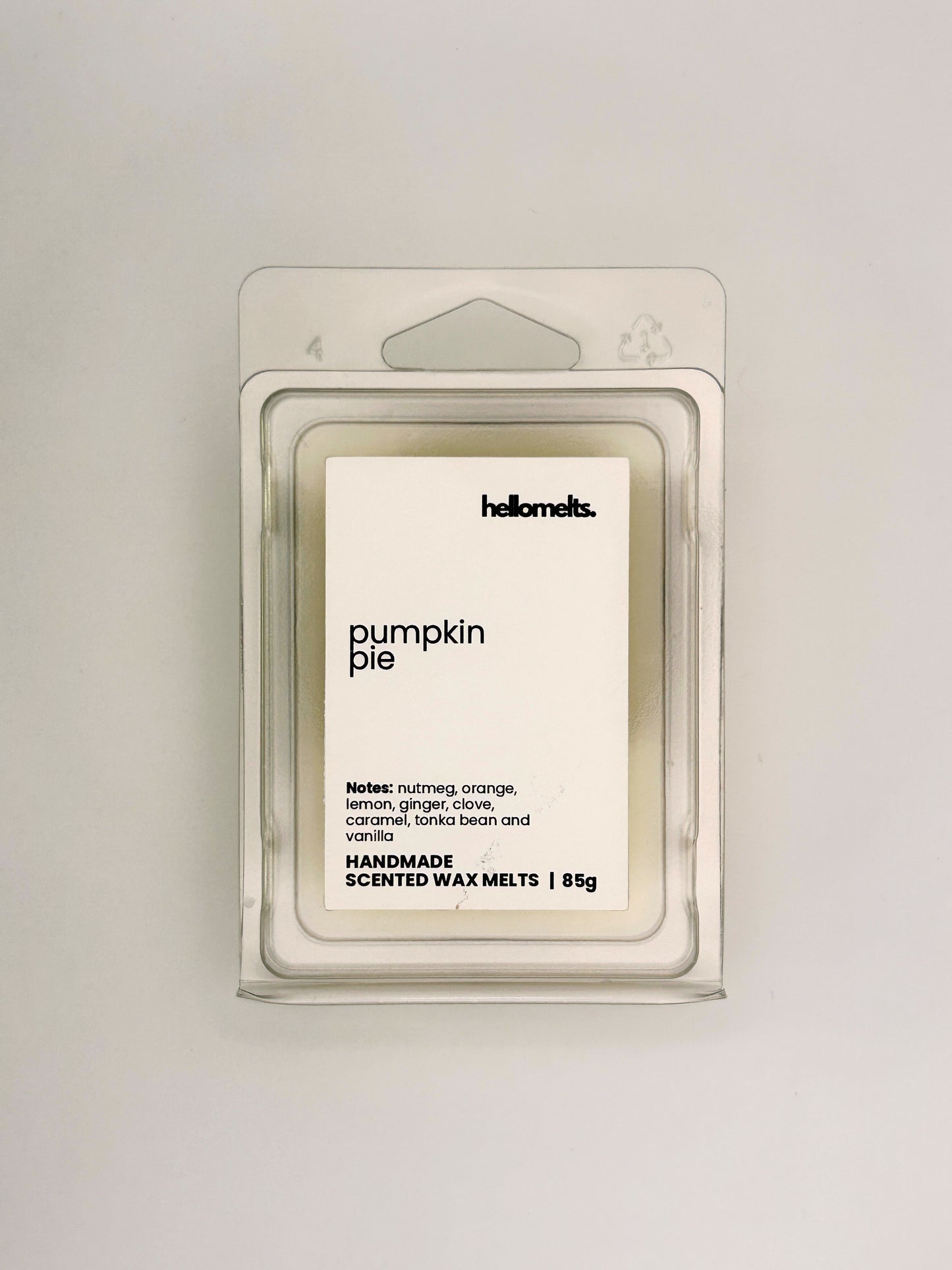 Front view of Pumpkin Pie 85g wax melt in clear clamshell packaging from the Hellomelts Autumn Collection