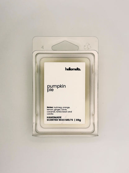 Front view of Pumpkin Pie 85g wax melt in clear clamshell packaging from the Hellomelts Autumn Collection