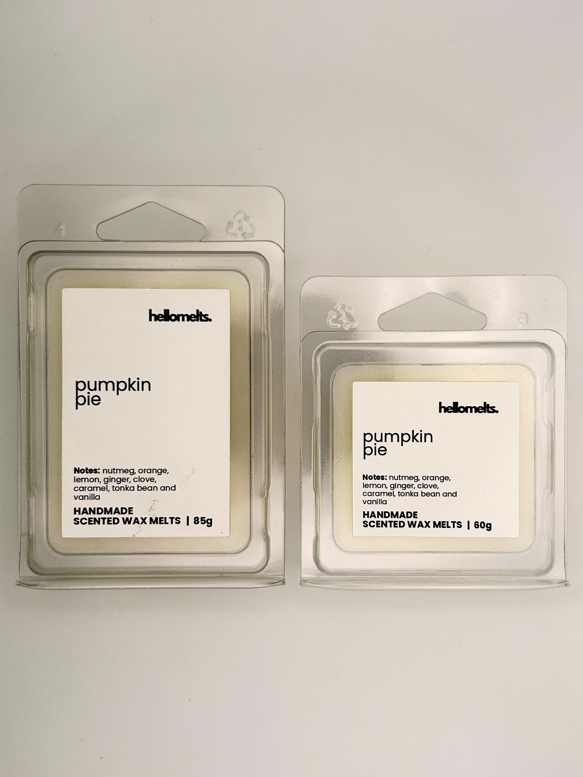 Pumpkin Pie wax melts in 60g and 85g clamshells shown side by side from the Hellomelts Autumn Collection