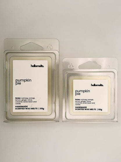 Pumpkin Pie wax melts in 60g and 85g clamshells shown side by side from the Hellomelts Autumn Collection