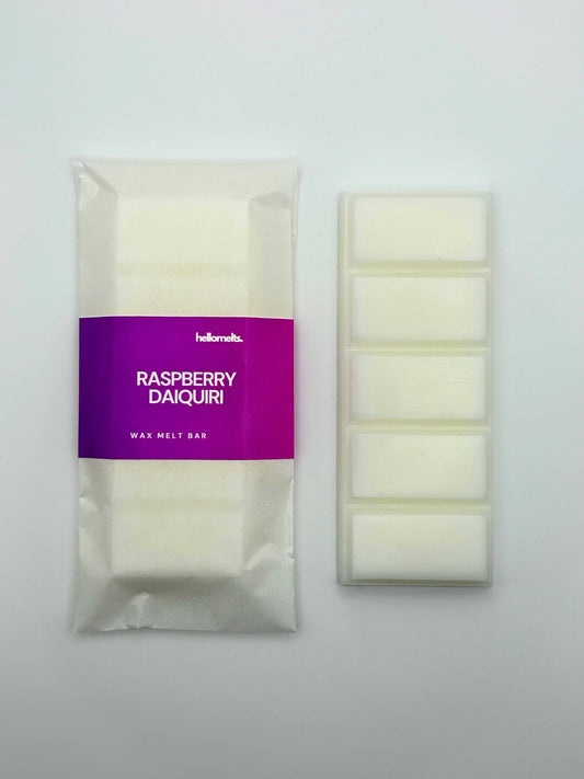 Raspberry Daiquiri 50g wax melt bar by Hellomelts, shown unwrapped beside the five-bar segmented wax melt.