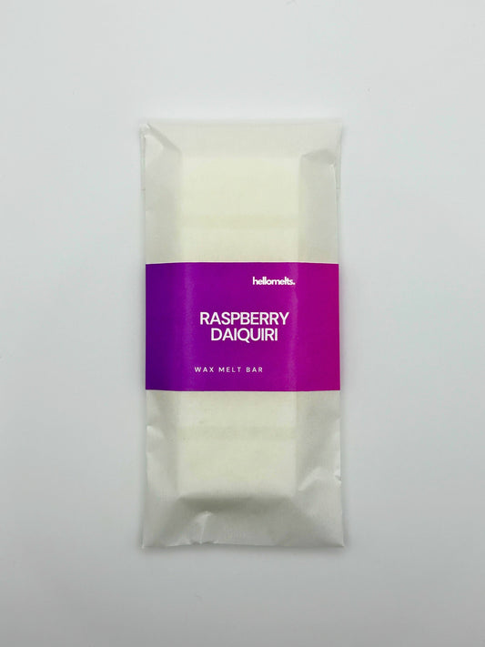 Flatlay top-down view of the Raspberry Daiquiri 50g wax melt bar by Hellomelts from the Summer Collection.