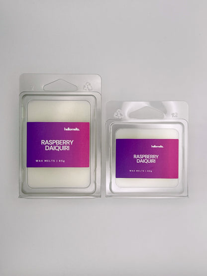 Side-by-side view of Hellomelts Raspberry Daiquiri wax melts in both 85g and 60g sizes from the Summer Collection