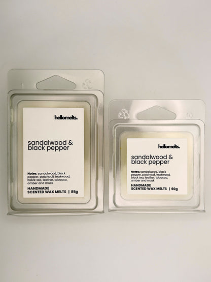 Sandalwood & Black Pepper wax melts in 60g and 85g clamshells shown side by side from the Hellomelts Autumn Collection