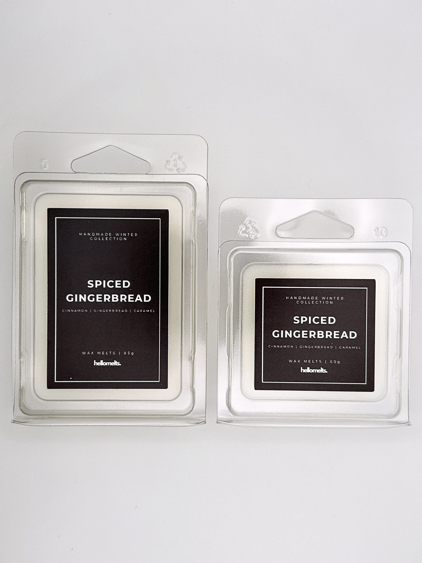 Spiced Gingerbread wax melts 85g and 60g shown together as a size comparison in clamshell packaging from the Hellomelts Winter Collection