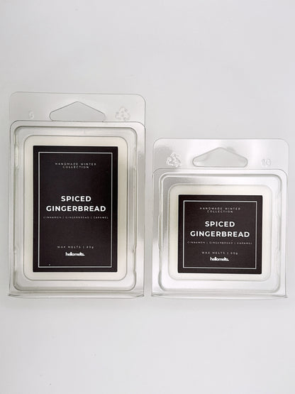 Spiced Gingerbread wax melts 85g and 60g shown together as a size comparison in clamshell packaging from the Hellomelts Winter Collection