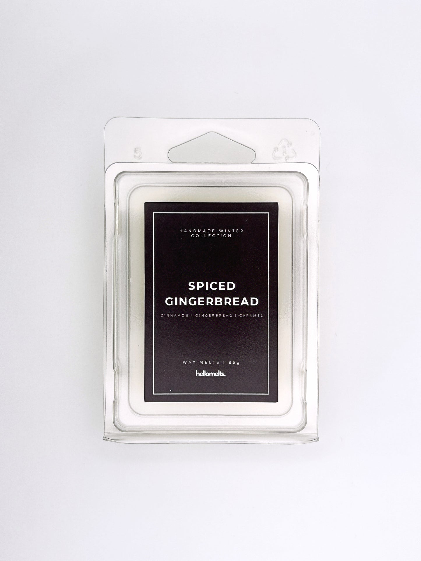 Spiced Gingerbread 85g wax melt front-facing studio shot showing the clamshell packaging from the Hellomelts Winter Collection