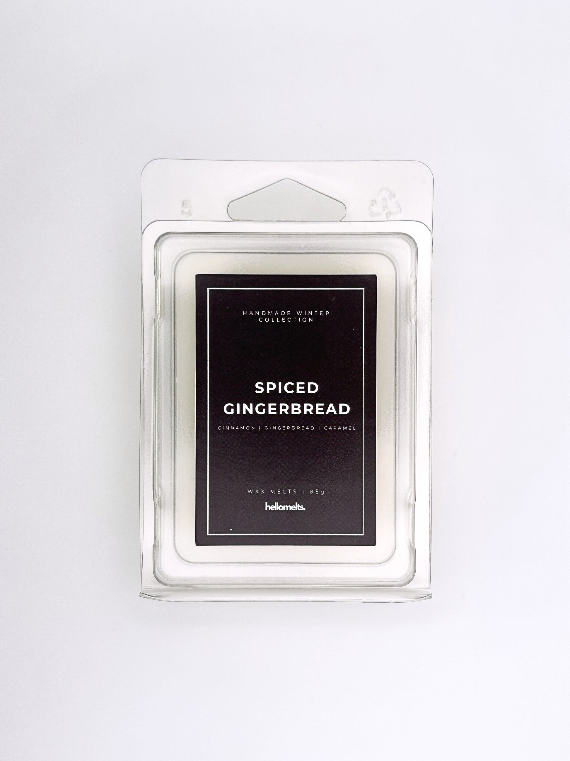 Spiced Gingerbread 85g wax melt front-facing studio shot showing the clamshell packaging from the Hellomelts Winter Collection