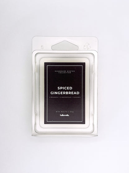 Spiced Gingerbread 85g wax melt front-facing studio shot showing the clamshell packaging from the Hellomelts Winter Collection