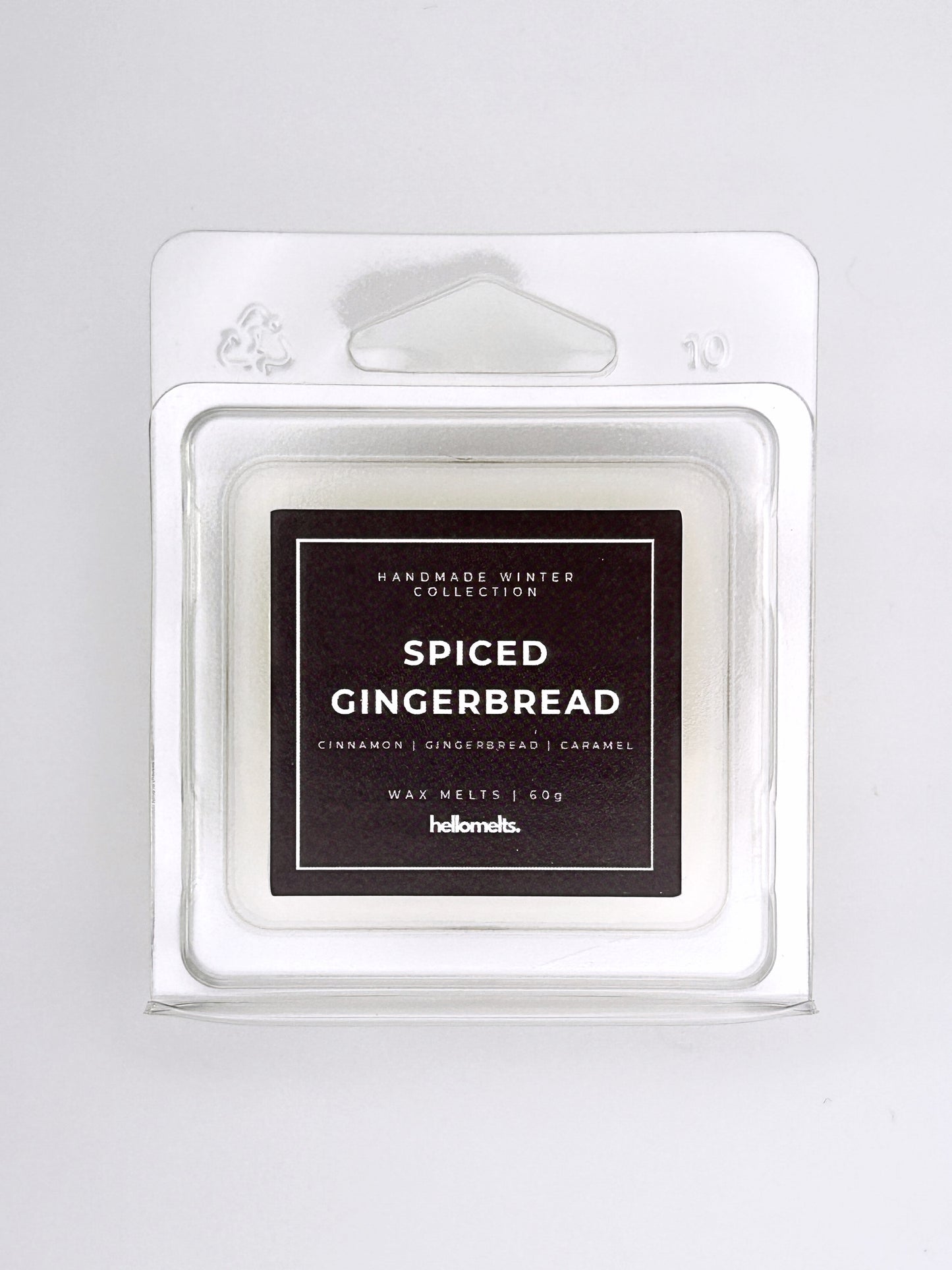 Spiced Gingerbread 60g wax melt label close-up on the clamshell packaging from the Hellomelts Winter Collection