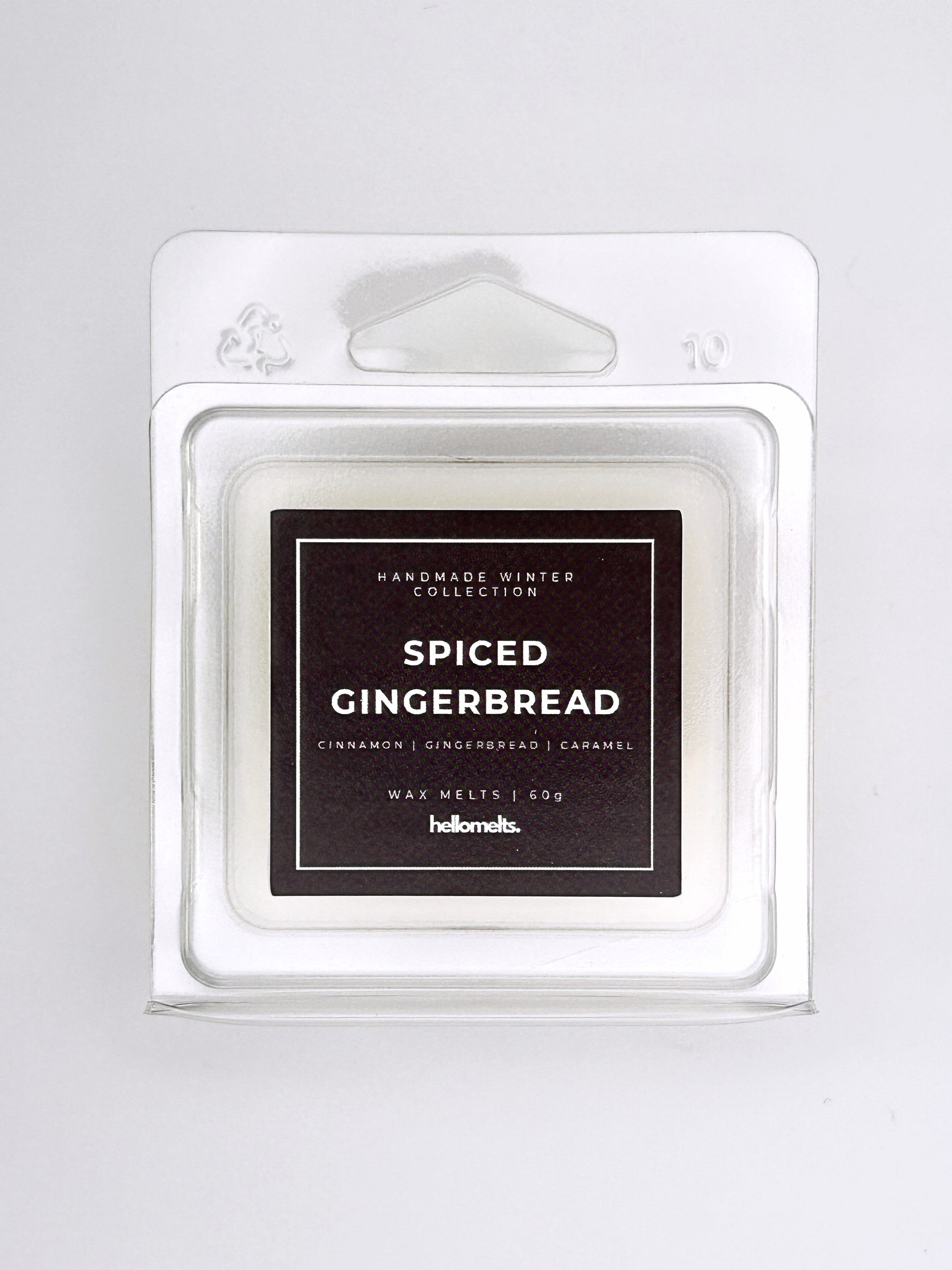 Spiced Gingerbread 60g wax melt label close-up on the clamshell packaging from the Hellomelts Winter Collection