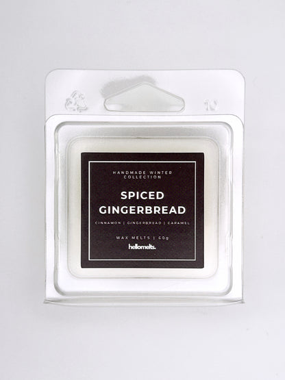 Spiced Gingerbread 60g wax melt label close-up on the clamshell packaging from the Hellomelts Winter Collection