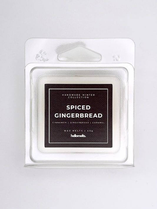 Spiced Gingerbread 60g wax melt label close-up on the clamshell packaging from the Hellomelts Winter Collection