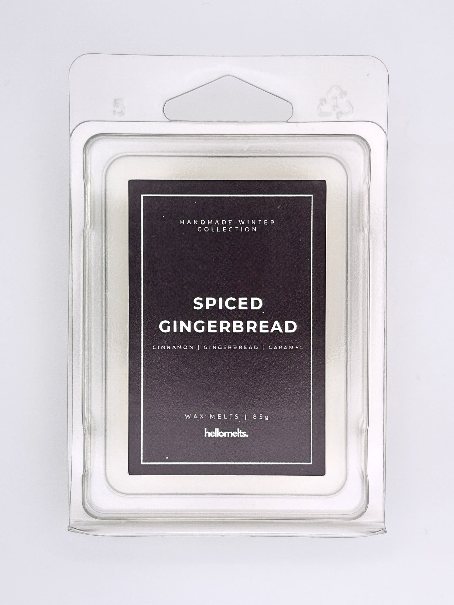 Spiced Gingerbread 85g wax melt label close-up on the clamshell packaging from the Hellomelts Winter Collection