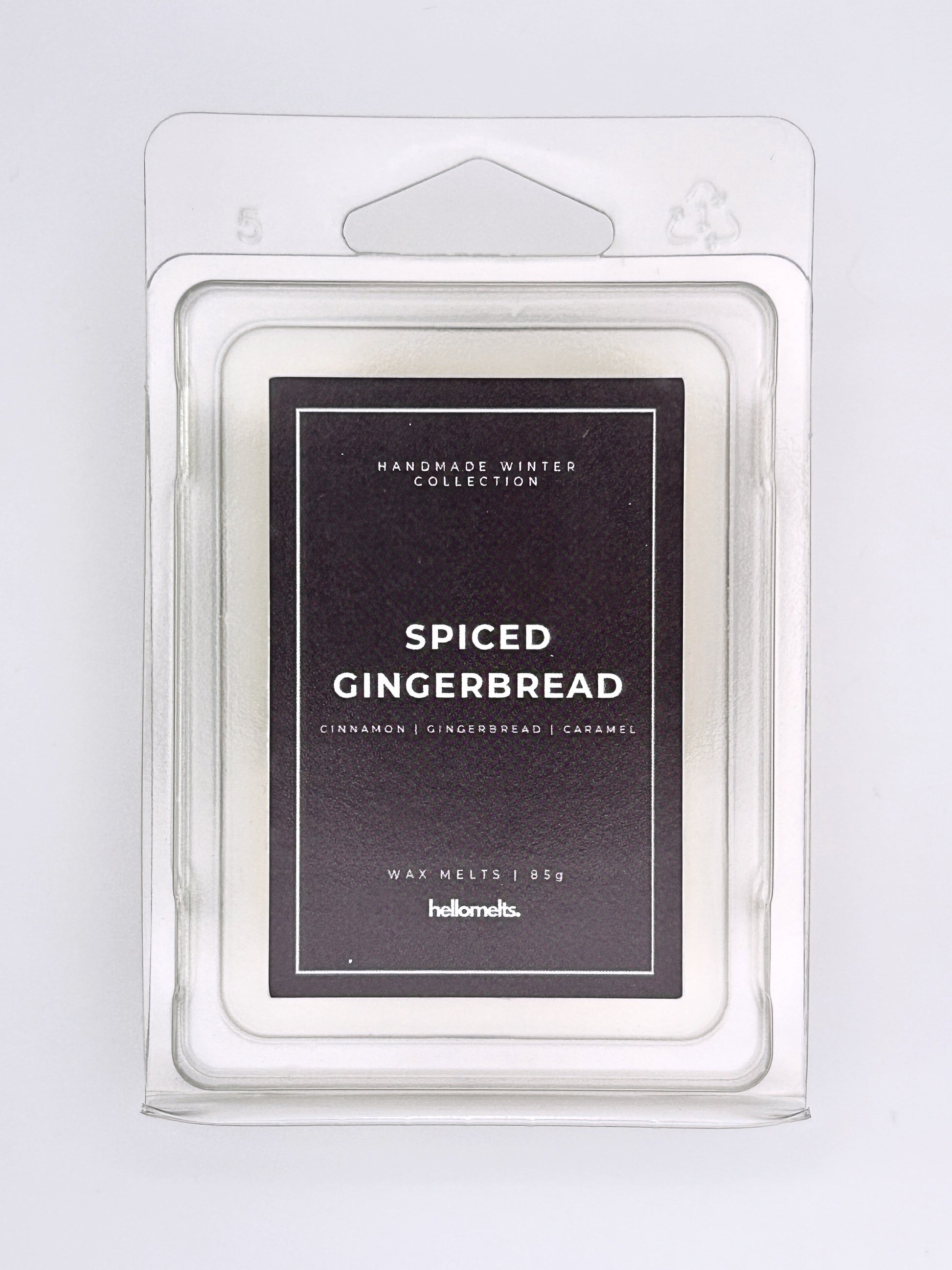 Spiced Gingerbread 85g wax melt label close-up on the clamshell packaging from the Hellomelts Winter Collection