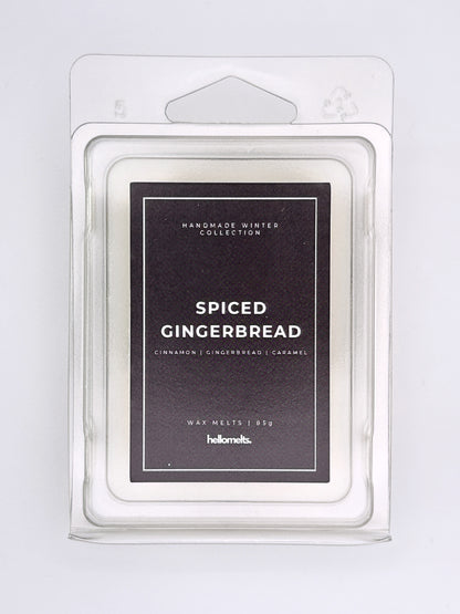 Spiced Gingerbread 85g wax melt label close-up on the clamshell packaging from the Hellomelts Winter Collection