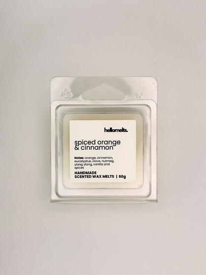 Front view of Spiced Orange & Cinnamon 60g wax melt in clear clamshell packaging from the Hellomelts Autumn Collection