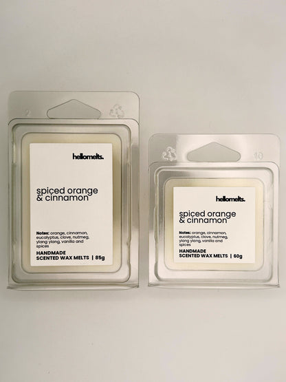 Spiced Orange & Cinnamon wax melts in 60g and 85g clamshells shown side by side from the Hellomelts Autumn Collection