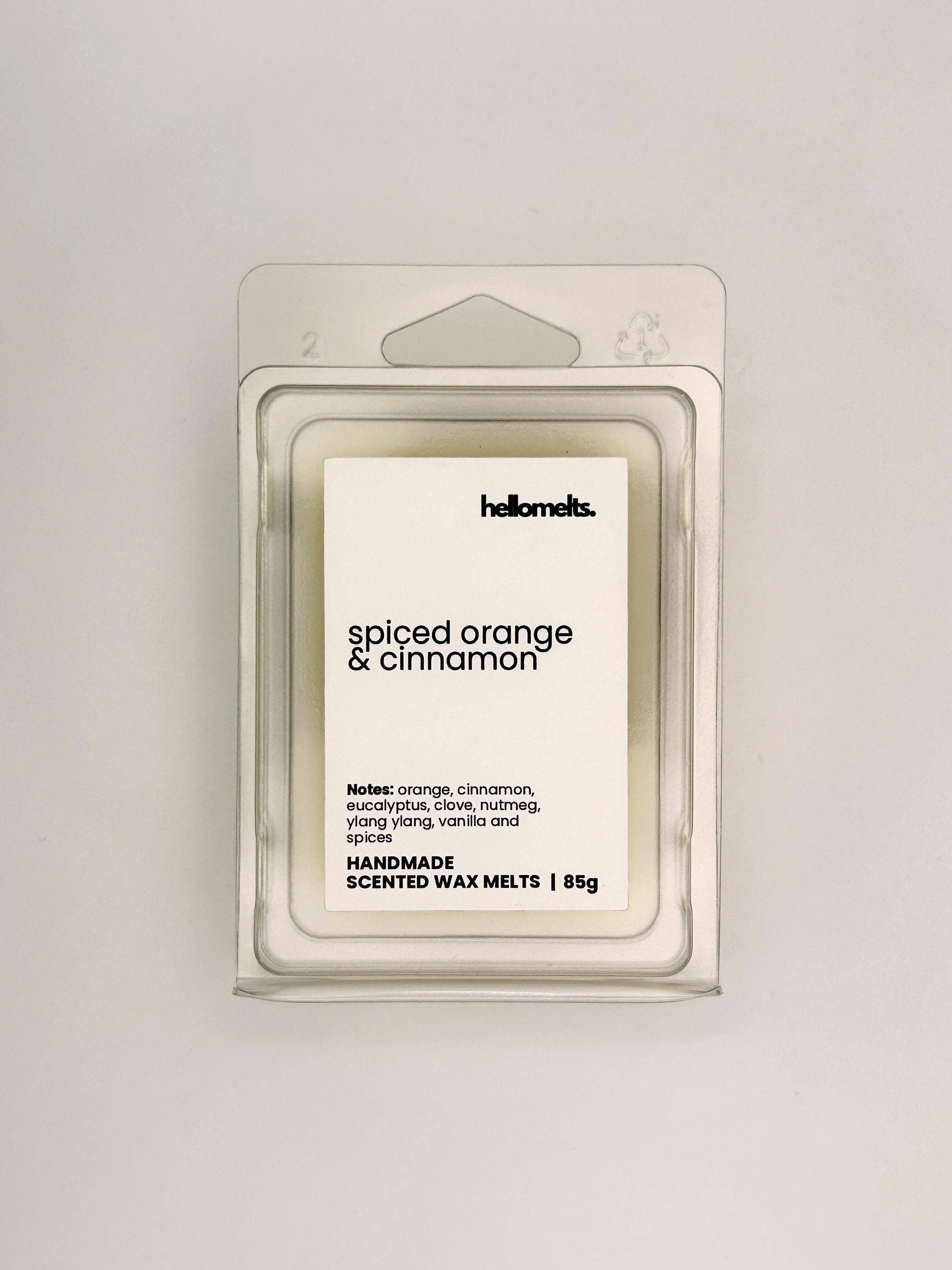 Front view of Spiced Orange & Cinnamon 85g wax melt in clear clamshell packaging from the Hellomelts Autumn Collection