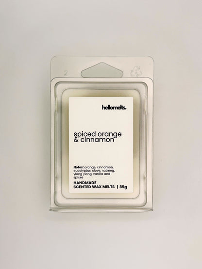 Front view of Spiced Orange & Cinnamon 85g wax melt in clear clamshell packaging from the Hellomelts Autumn Collection