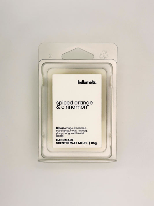Front view of Spiced Orange & Cinnamon 85g wax melt in clear clamshell packaging from the Hellomelts Autumn Collection