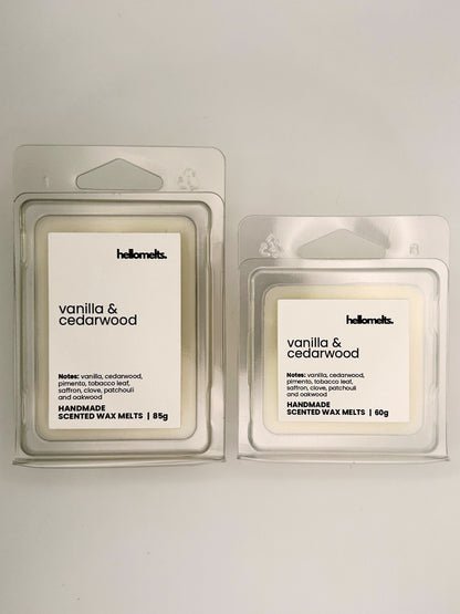 Vanilla & Cedarwood wax melts in 60g and 85g clamshells shown side by side from the Hellomelts Autumn Collection